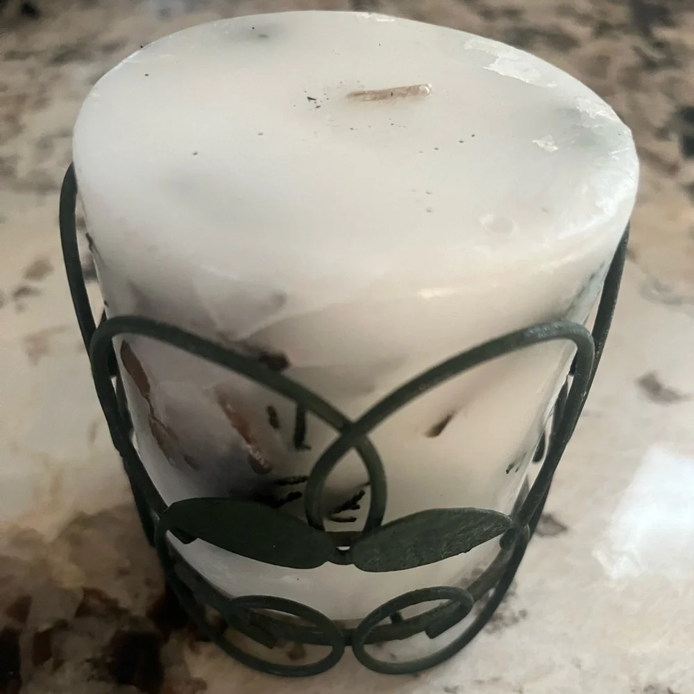 Decorative White Candle with Moose and greenery embedded & Green Leaf Holder.